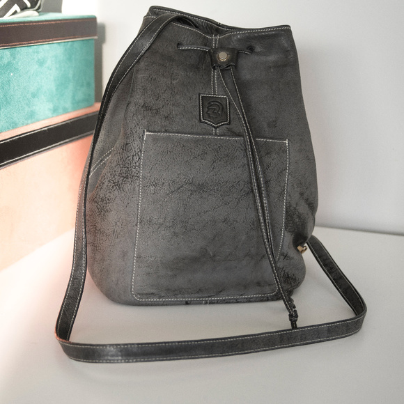 De Roman Handbags - Distressed Grey Leather Bucket Bag Purse